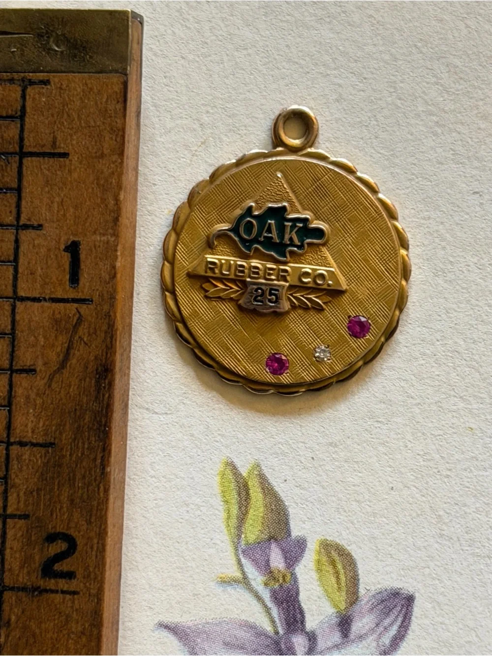 VTG Oak Rubber Co. Gold Award Pendant w/ Diamond & Rubies 5.2g 1/5 10kt Gold